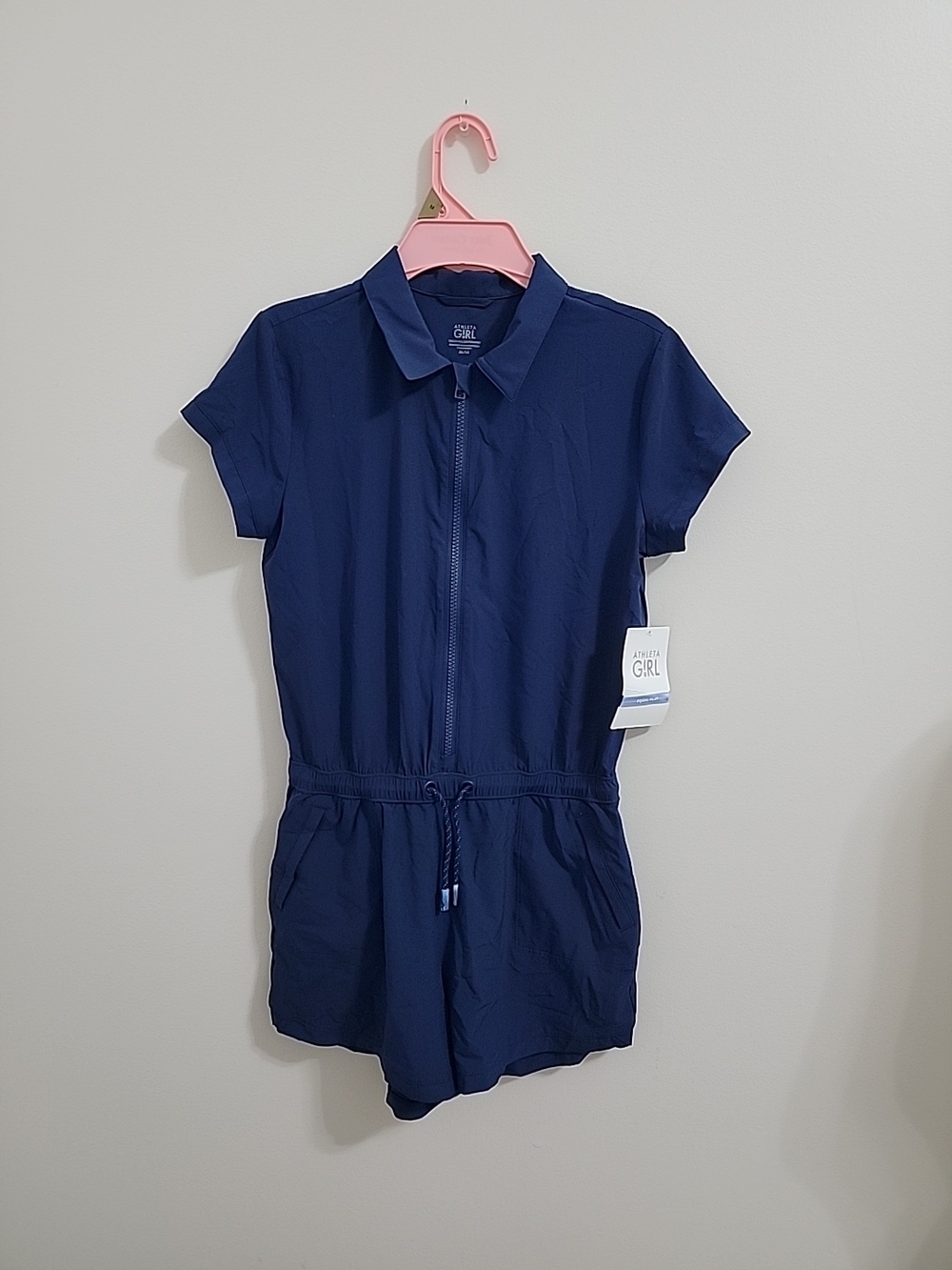 Athleta Girl Vacay All Day Navy Blue Short Sleeve Romper Size XL 14 Stretch NWT